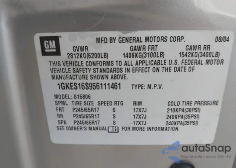 2005 GMC Envoy Xl Sle z USA, uszkodzony, nr VIN 1GKES16S956111461